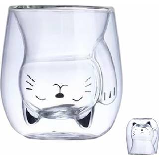 Ansqu Cute Mug Cat Tea Double Wall Glass Coffee krus espresso skudglasm?lk krus (200 ml/6,8 oz) Personlige f?dselsdagsgaver og feriegaver