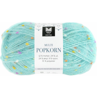 Dale Multi Popkorn 507 Lys turkis Indhold: 31% polyester, 24% uld, 24% akryl, 12% mohair & 9% nylon Vægt/længde: 50 gram = ca. 135 meter Anbefalede pinde: 4.00-6.00 mm Strikkefasthed: 10 cm = 18-14 m Kan maskinvaskes - Uldvask 30 °C / Brug ikke skyllemiddel / Tørres fladt.