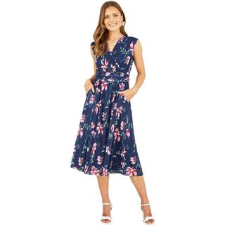 Yumi Yumi Blue Floral Print Mesh Stretch Midi Dress With Pockets