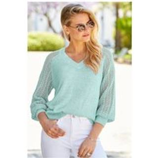 Sosandar Sosandar Green Pointelle Sleeve V-Neck Jumper