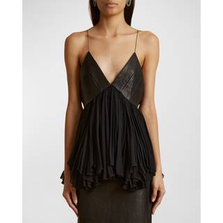 Khaite Anita leather-trimmed silk top - black - XL