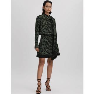 Reiss Reiss Black/Dark Khaki Katie Printed Tie Neck Mini Dress
