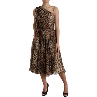 Dolce & Gabbana Brun Leopard Print Silke Ruffled Midi Kjole