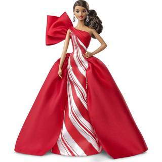 Barbie 2019 Holiday Doll 11,5-tommer brunette iført rød og hvid kjole med dukkestand og ægthedscertifikat