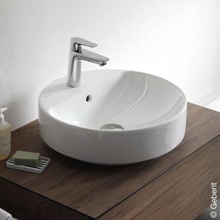 Geberit VariForm håndvask til borplademontering rund, med hylde og hanehul: D=45cm, Hanehul=Midtpå, Overløb=Synlig, Hvid / KeraTect