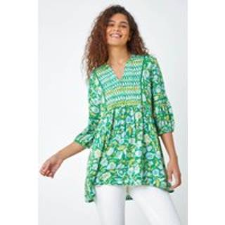 Roman Roman Green Floral Print Boho Smock Top