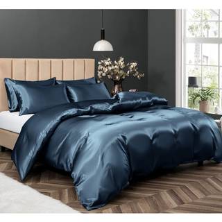 P Pothuiny 5 stykker satin Dynebetrk King Size St Luksus Silkeagtig Som Navy Bl Dynebetrk Sengest med lynls lukning 1 Dynebetrk 4 Pudebetr
