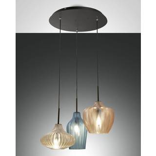 Hængelampe Olbia, Ø 50 cm, 3 lyskilder, rav/blå/beige, glas