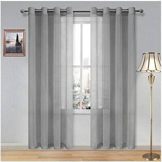DWCN Sheer gardiner til stue gr? faux linned look voile gardes grommet vindue gardin 52 x 84 tommer langt s?t med 2 paneler