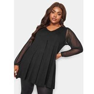 Yours Curve Yours Curve Black Long Sleeve Mesh Pleated Swing Top