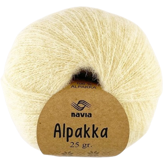 Navia Alpakka 865 Pampas Gul Indhold: 100% Alpaca Vægt/Længde: 25 g = ca. 230 meter Anbefalede pinde: 3-5 mm Strikkefasthed: 10 cm = 18-24 masker Vaskes i hånden / Tåler ikke tørretumbling, tørres fladt..