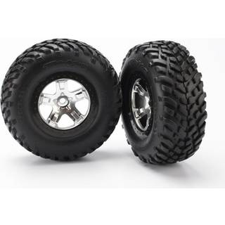 Traxxas - TRX5873X - Tire & wheel assy, glued (SCTsatin chrome, black beadlock style wheels, SCT off-road racing tires, foam inserts) (2) (4WD front/