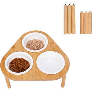 Miss Meow h?vede katte sk?le med stand feeder forh?jet bambusstand med 3 keramiksk?le anti slip og aftagelige f?dder. (Keramiske sk?le)