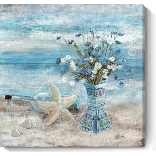 Strandv?gskunst til stue bl? havtema l?rred print moderne abstrakt kystbillede seascape maleri daisy blomst i indisk vase indrammet kunst til hav