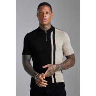 Mens Black Short Sleeve Muscle Fit Colour Block Knit Polo