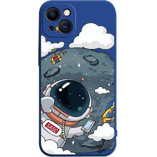 iPhone 14 Fleksibel Bagside Cover af Plastik m. Print - Astronaut På Månen / Blå