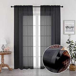 OVZME SVART SHEER GUPTAINS 84 inches LANG 2 PANEL SETS FASTID FARVE LETT VOILE VOILE MED LYT FILTER TIL Skyded?r Stue & Sovev?relse (W42 X L84 1