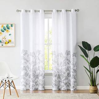 Gr? semi-sheer Grommet gardiner Eyelet Design 84 tommer lang til stue Sovev?relse Blomsterm?nster Print p? hvidt linnekstrukturerede gardiner Gro