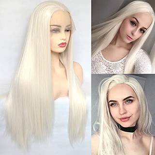Bluple Long Straight 13x3,5 blonder foran parykker #60 Platinum Blonde Natural Heat Resistent Synthetic Hair Half Hand Bundet parykker til cospla