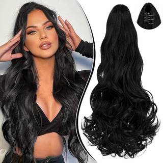 Leterly Ponytail Extension Claw 18 """" Curly Wavy Clip in Hairstiece Ponytail Hair Extensions Lang Pony Tail Synthetic For Women Dark Black