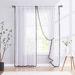 TreatingEx Sheer White Curtains With Black Pom Pom Curtains 84 """" Langt linnekstruktureret look dekorative vinduesgardiner Navy 52 """" W 1pair