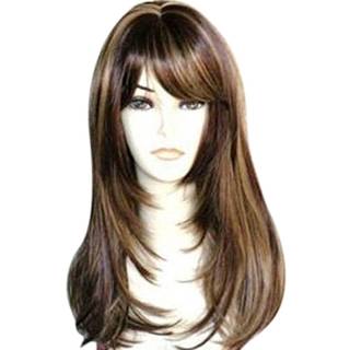 Kalyss Brown med h?jdepunkter Yaki Synthetic Women's Wig med h?r Bangs Center Parting Lang lige lag VARME Resistent Synthetic Hair Wig til kvinde