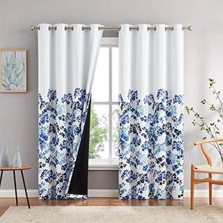 Metro Parlor 100 Blackout Farmhous Curtains 63 tommer l?ngde til sovev?relse Stue Blue Navy Blomster trykt p? hvide gardiner Grommet Top Room Dar