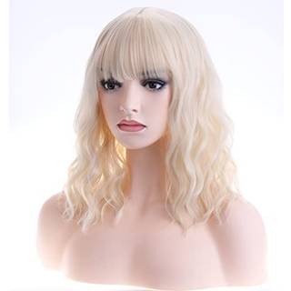Beron 14 tommer blond paryk til kvinder kort krøllet wig blond paryk med smell bob wig blondine til daglig fest paryk cap inkluderer