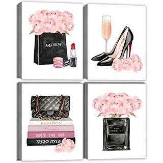 Pink Makeup Room Wall Art Fashion Parfume Blomster Håndtaske Poster Billeder Lærred Prints indrammet til kvind soveværelse Rose Gold Room Decor