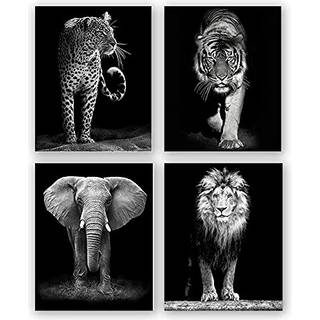 4 S?t-sort og hvid afrikansk vilde dyrefoto v?gkunst Tiger Lion Elephant Leopard Picture Canvas Wall Plakat Printing Brave Inspirational Wall Art