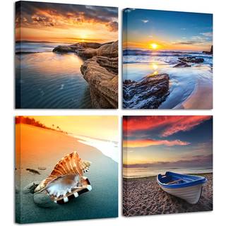 Pyradecor Sunset Sea Beach Modern Seascape Pictures Malerier på lærred vægkunst 4 paneler strakt lærred udskrifter kunst til stue soveværelse hje