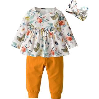 3stk baby pige tøj ruffle blomster skjorte toppe bukse hovedbånd tøj sæt (gul 6-9 måneder)