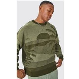 Mens Khaki Oversized Boxy Drop Shoulder Graphic Jumper
