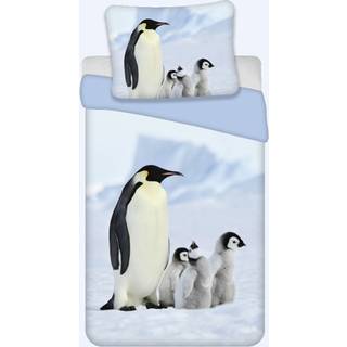 Pingvin sengetøj - 140x200 cm - Børnesengetøj med motiv af Pingvin familie på isen - Vendbart - 100% bomulds sengesæt