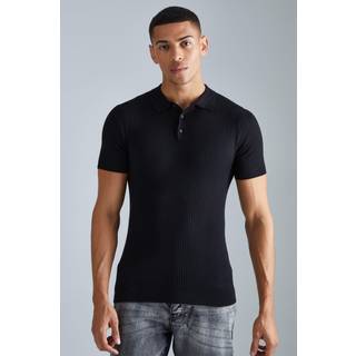 Mens Black Muscle Short Sleeve Ribbed Polo