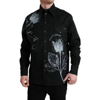 Dolce & Gabbana Sort Floral Bomuld Collared Kjole Shirt