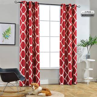 Melodieux marokkansk mode termisk isoleret værelse mørkere blackout grommet gardiner til stue 42 af 84 tommer rød (2 paneler)