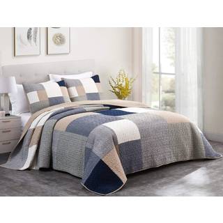 Chezmoi Collection Addy 3 -delt marinebl? hvid gr? taupe plaid patchwork quilt s?t - forudvasket bomuldsovertr?delse - let reversibel senget?ppet