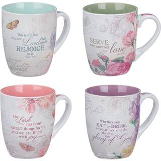 Christian Art Gifts Keramisk kaffe/te krus sæt til kvinder | Vintage Botanic Floral Inspirations Design Bible Verse Mug Set | Boksede sæt/4 kaffe