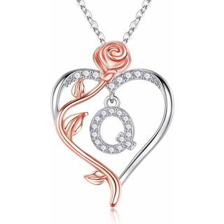 Iefil Dainty Necklace for Women 925 Sterling Silver Rose Love Heart Inledande brev Pendant Necklace Jewelry Mothers Day Valentines Gifts till hen