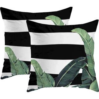 Newhomestyle sort / hvid striber palme blad mønster sommer lynlås pudebetræk firkantet kast pudehude dækker 16x16 i sæt af 2 dobbeltsidet