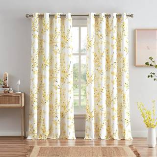Melodieux blomstergardiner 63 tommer l?ngde til stue bondeg?rd gul abrikos blomsterprint hvid dekorative grommet gardiner 52x63 tommer 2 paneler
