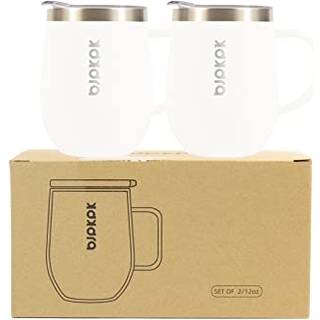 BJPKPK 2 stk Isoleret kaffekrus 12 oz Rustfrit stål isoleret kaffetumbler med låg til varme drikke og kolde drikkevarer-hvide