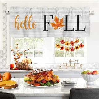 Vindue Valance Rod Pocket Short Curtain Panels Hello Fall Orange Maple Leaf On Wood Grain Kitchen Valances Curtains Farmhouse Retro Window Treatm