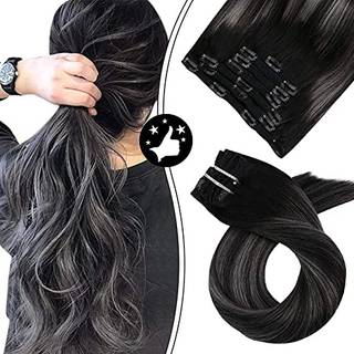 Moresoo Clip in Hair Extensions Real Human Hair Balayage Black to Silver Hair Extensions Clip in Human Hair Ombre Double Weft Clip in Human Hair