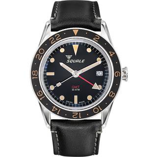 Squale Sub-39 GMT Vintage Automatic Black Dial Black Leather Strap Men's Watch SUB39GMTV.PN