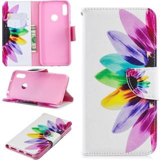 Huawei Y6 (2019) Læder Flip Cover m. Pung - Regnbue Solsikke