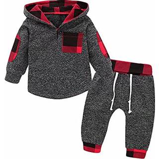 Tepuce Toddler Boy Fall outfits Infant Baby Girl Lang?rmet Plaid Pocket Hoodie Tops + Pants Outfit Set 2pcs Red Plaid outfit 18-24 m?neder/100 cm