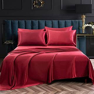 P pothuiny 6 stykker fuld satin ark luksus silkeagtig burgunder satin senget?j ark s?t 1 dyb lomme monteret ark + 1 fladt ark + 4 pude sager