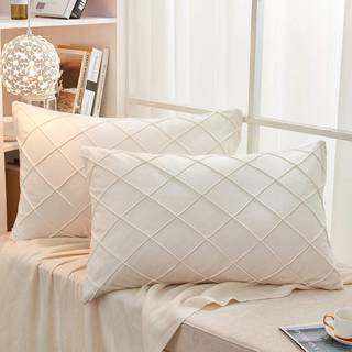 Jauxio Diamond Pinch Pleated Crystal Velvet Pillowcases 2 Pack Solid Pintuck Throw Cushion Cover For Home Decor Hidden Zipper Closure (Cream King